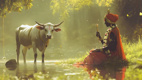 Cow and seated figure by forest stream in diffuse sunlight.
