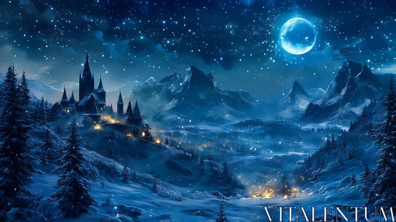 Moonlit fantasy citadel dominates a vast snowy mountain valley