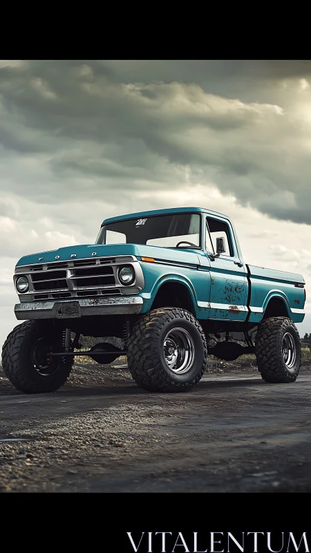 Sky-high vintage pickup waiting for the next muddy adventure.