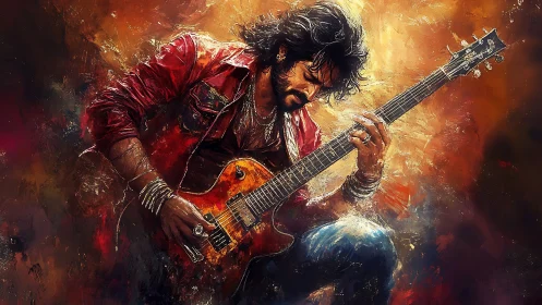 Fiery rock guitarist immersed in an expressive solo performance.