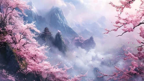 Cherry blossoms frame tiered temples in misty mountain valley