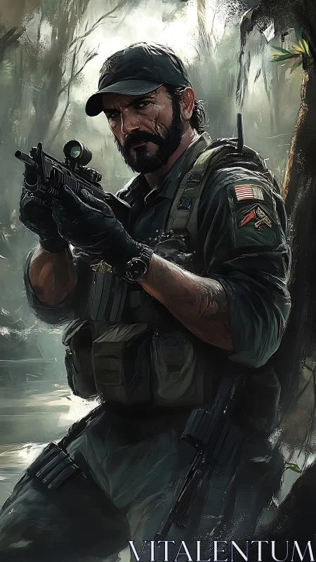 Digital painting of tactical soldier in misty jungle environment.