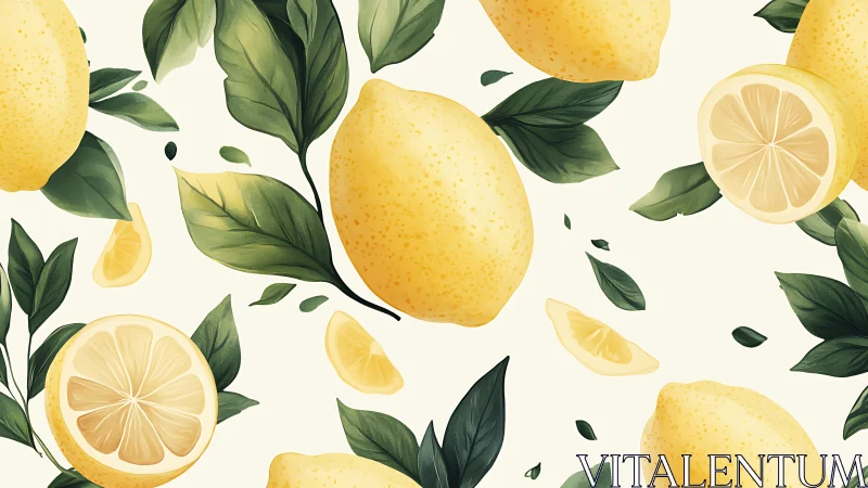 Lemon fruits and sliced segments with green foliage pattern.