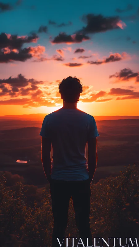 Silhouetted person stands before layered sunset landscape