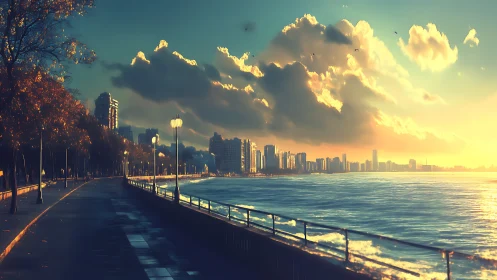 Sunlit bayside boulevard drifting into glowing city haze.