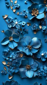 Compositional arrangement of blue flowers with metallic gold accents on uniform background