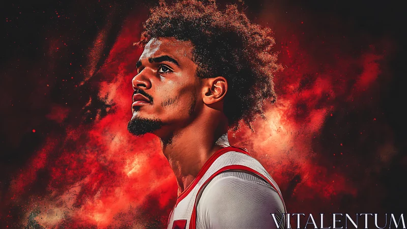 Basketball player in fiery red cosmic atmosphere gazes upward.