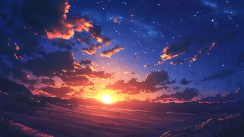 Vibrant desert sunrise under deep starry twilight sky.