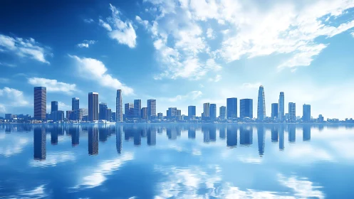 Urban skyline is mirrored across calm reflective waterfront