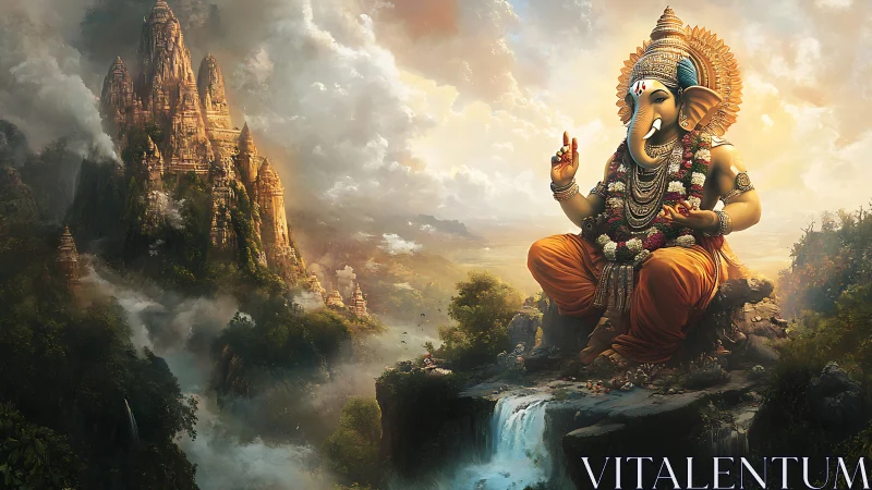 Majestic Ganesha overlooking misty temple mountains