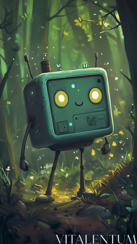 Boxy teal robot stands in softly lit green forest clearing