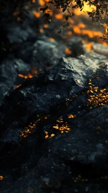 Golden Hour Lichen on Weathered Stone with Bokeh Foliage