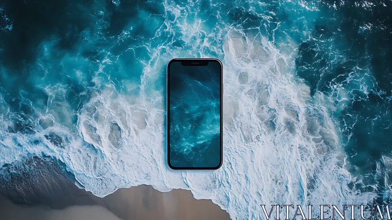 Smartphone lies centered over aerial ocean wave backdrop