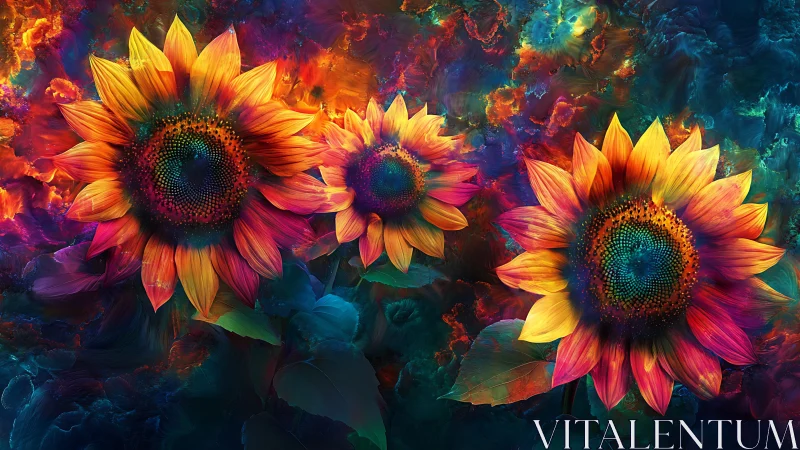 Vibrant digital sunflowers against swirling cosmic nebula.