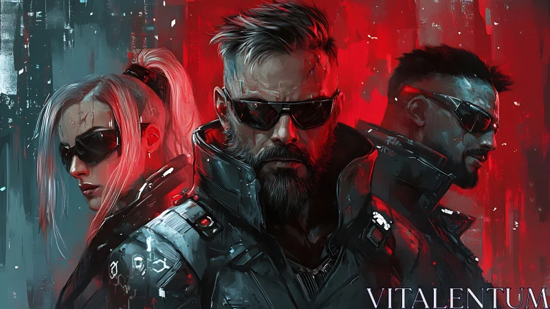 Cyberpunk mercenary trio stands under red neon glow
