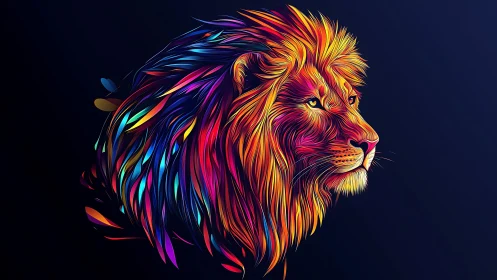 Neon lion portrait radiates vibrant prismatic energy