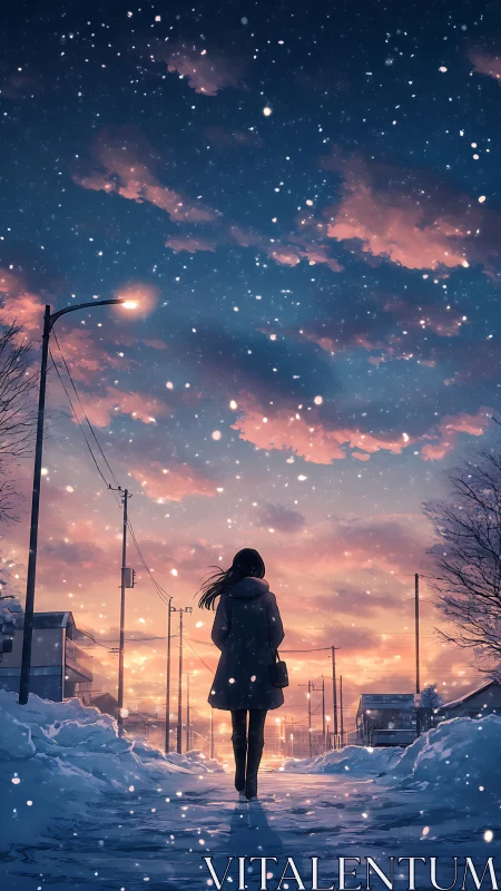 Solitary winter walk beneath glowing pastel sunset sky.