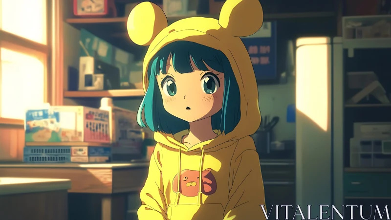 Sunlit morning with shy girl in cozy bear hoodie.