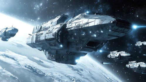 Starborne armada glides above a frozen planet in silence