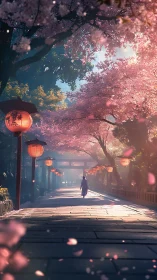 Cherry blossom path glows under soft lantern light at dawn.