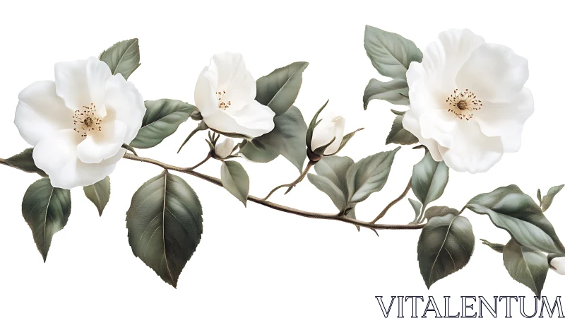 Botanical illustration depicting white roses with classical watercolor technique and naturalistic fo