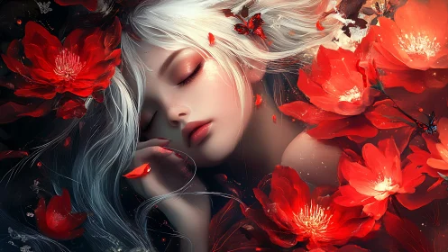 Digital portrait of pale woman with red flowers and butterflies.