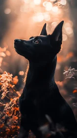 Gentle black dog sits in glowing autumn forest light