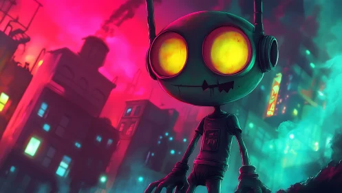 Neon-eyed robot drifter haunts a candy-colored city night.