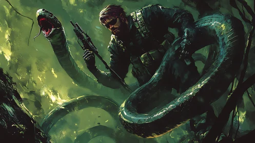 Quiet hero stands firm against a vast jungle serpent.