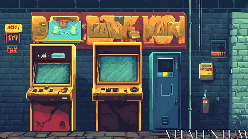 Row of retro arcade cabinets against a brick wall.