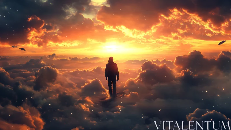 Sunset wanderer strides the glowing stairways of clouds
