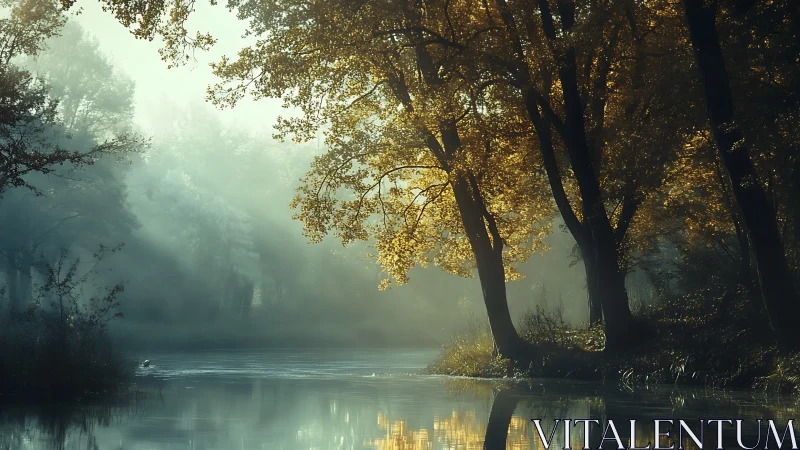 Backlit autumn trees border a misty river in soft morning light