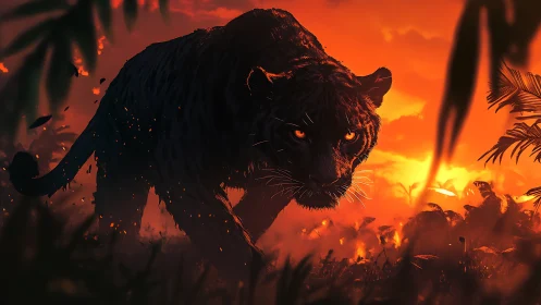 Black Panther Silhouette: Jungle Nocturnal Predator Against Inferno Backdrop
