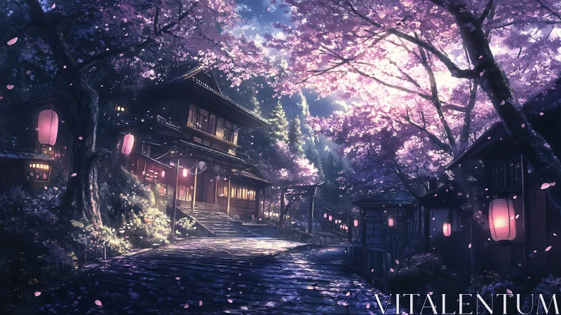 Cherry blossom street glows under lanterns at tranquil dusk
