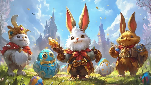 Royal bunny adventurers guard enchanted clockwork eggs.