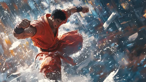 Martial artist unleashes explosive punch through storm