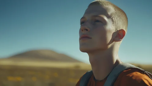 Young traveler gazes toward distant desert horizon in sunlight.