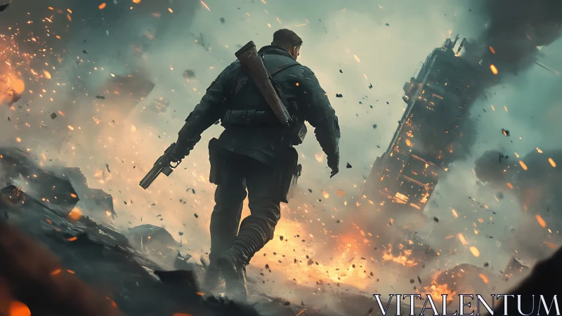 Soldier walks through exploding battlefield toward collapsing tower