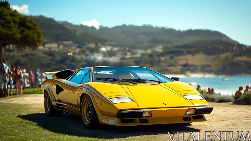 Golden classic supercar framed by coastal concours crowd.