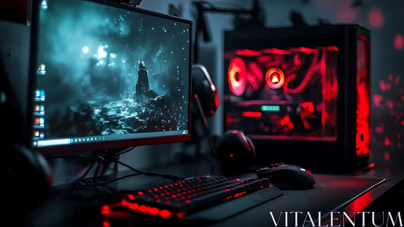 Cozy red-lit gaming PC corner glowing with evening energy.