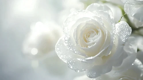 Dewy White Rose Glistens With Morning Sparkle.