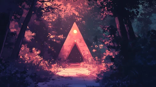 Geometric pyramid structure within illuminated forest clearing.