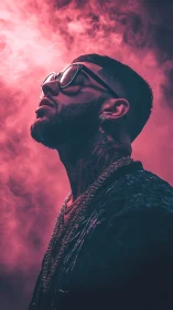 Neon lit portrait of a stylish man lost in vivid pink haze.