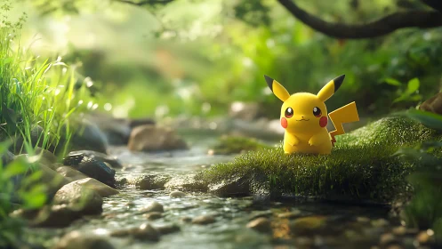 Pikachu resting beside a sunlit forest stream.