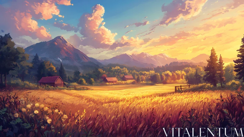 Sunset wheat valley cradled by storybook mountain light.