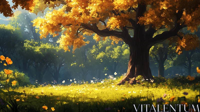 Golden Meadow Sanctuary: Luminous Autumn Forest Digital Painting.
