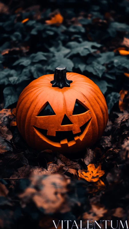 High-contrast jack-o-lantern amid desaturated autumn foliage.