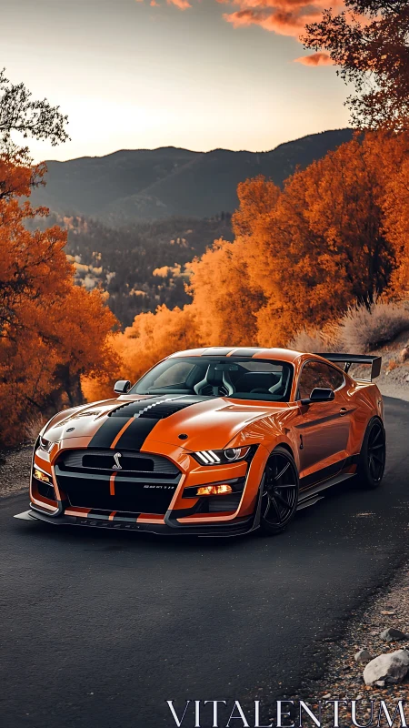 Orange sports car on mountain road in vivid autumn forest.