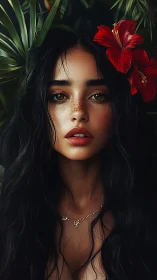 Jungle muse with crimson lilies and storm-dark river hair.