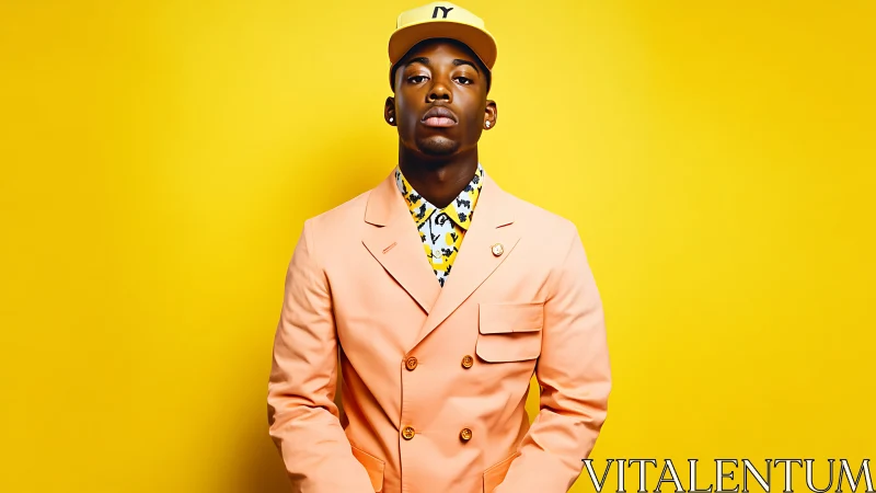 Confident street style in peach suit against bold yellow glow.